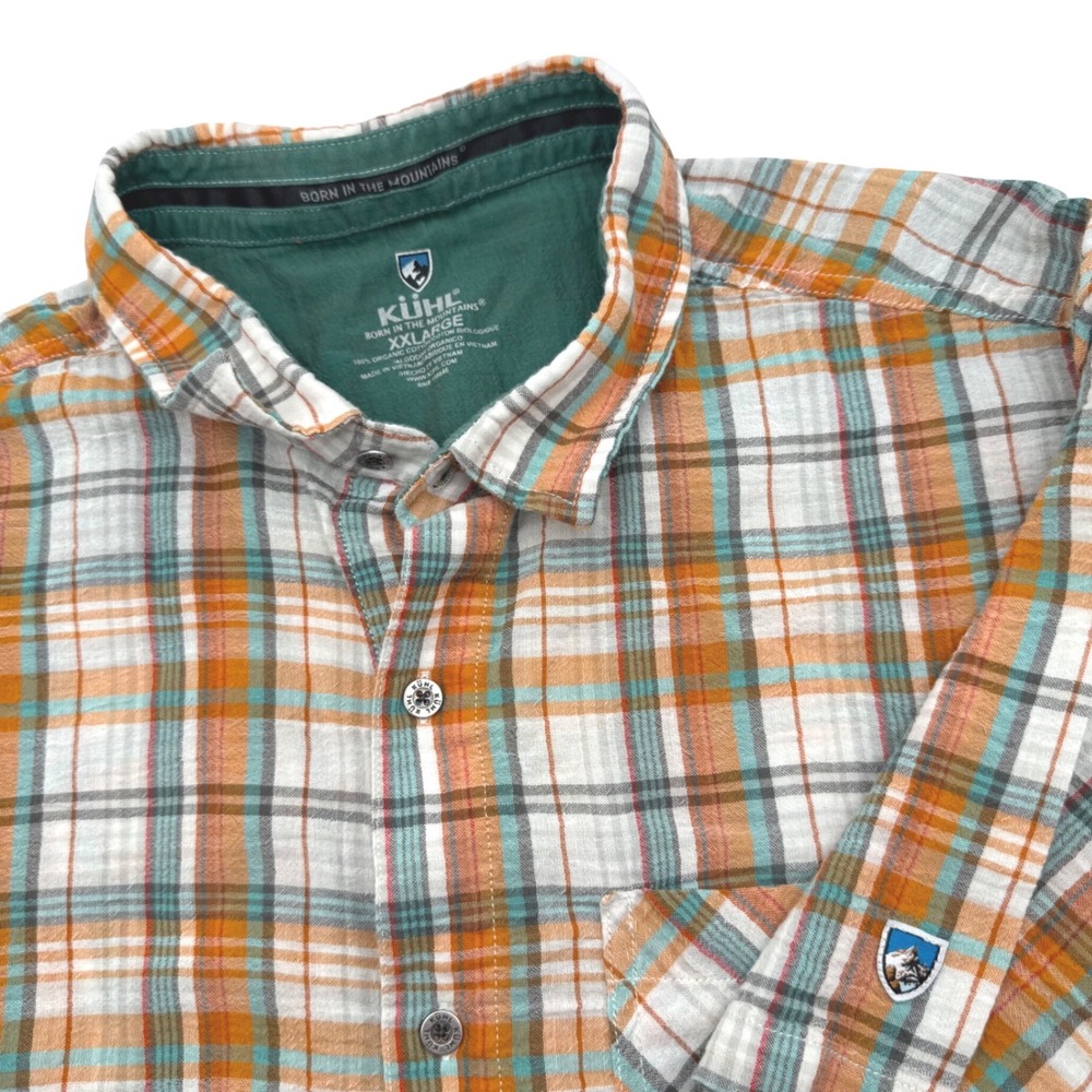 Kuhl Button Down Shirt‎ Men's XXL Orange Teal Plaid Organic Cotton Short Sleeve